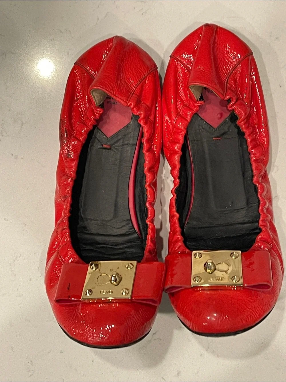 FENDI Red Leather Elastic Ballet Flats with Gold Accent 38